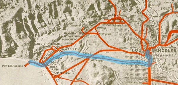 Detail of a 1920s map of the Pacific Electric trolley system in Los Angeles, with the Santa Monica Air Line highlighted in blue. Photo credit: KCET.org, courtesy of the Special Collections, Young Research Library, UCLA.